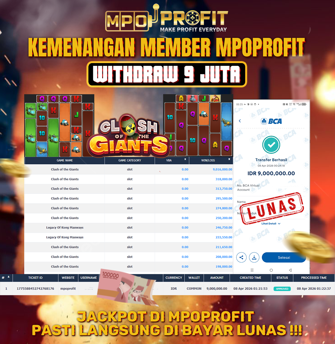MPOPROFIT JACKPOT SLOT SPADE GAMING! KEMENANGAN MURNI DI (CLASH OF THE GIANTS TOTAL RP 9.000.000,- LUNAS)